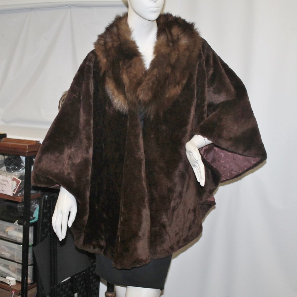 Vintage Sheared Faux Mink Fur w Genuine Sable Fur Collar Cape Coat Jacket OS